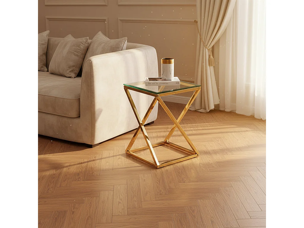 Guéridon BEVERLY – Pied Gold & Verre Transparent – 40x40x55 cm