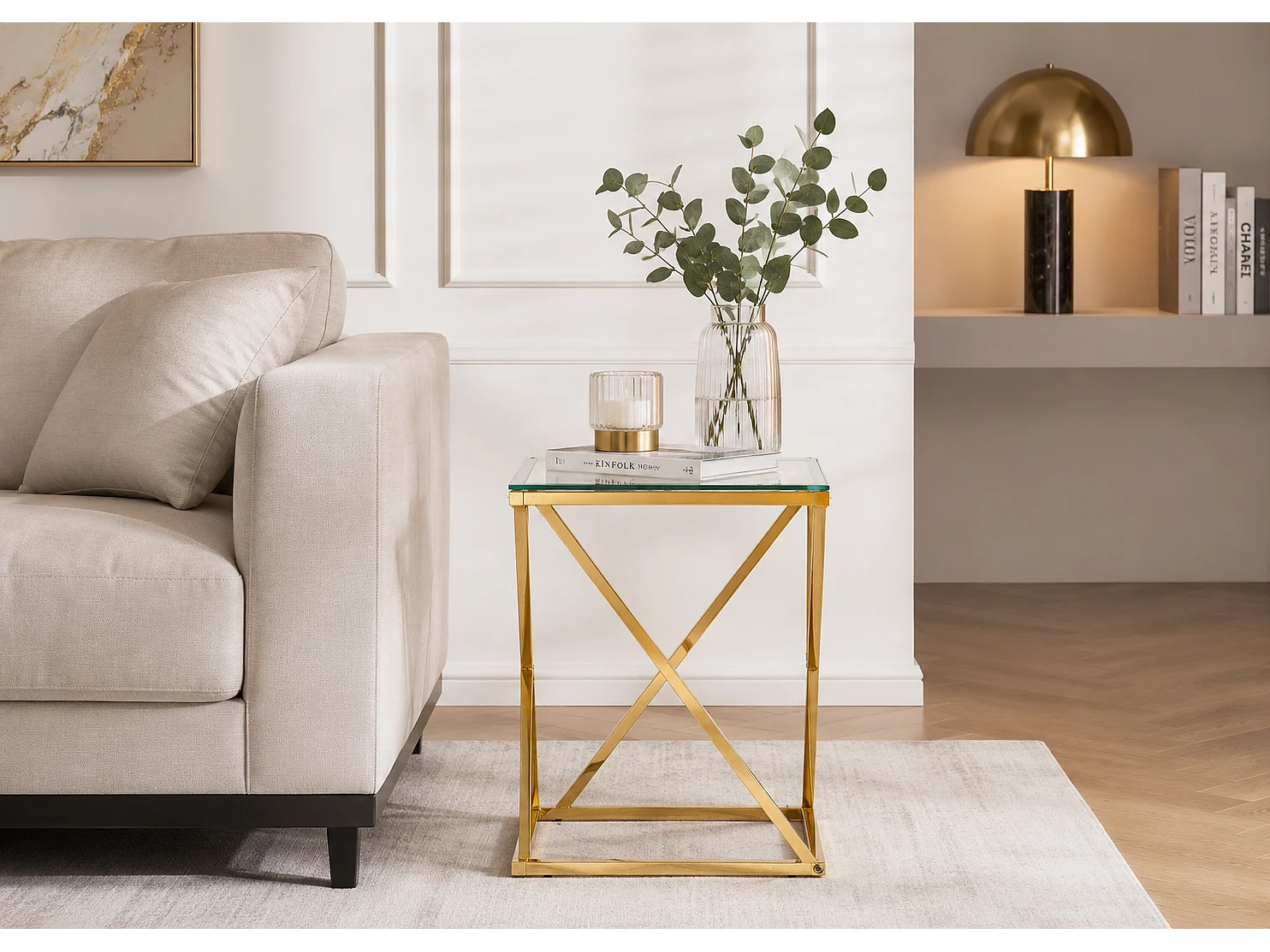 Guéridon BEVERLY – Pied Gold & Verre Transparent – 40x40x55 cm