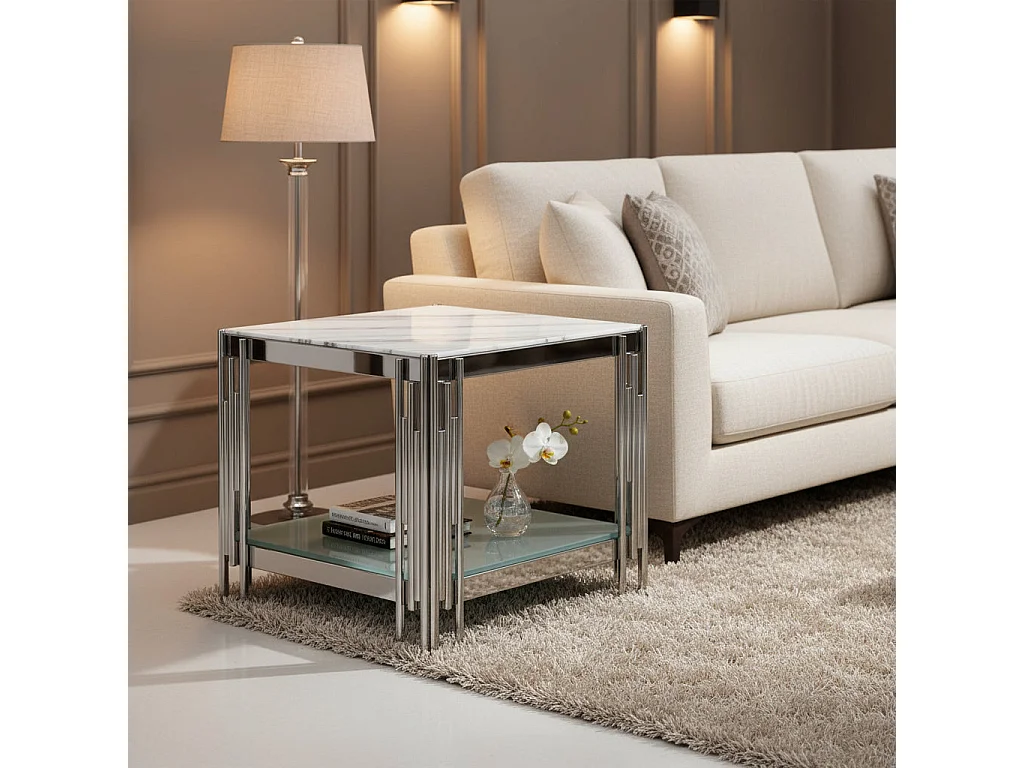Guéridon Chrome Double Plateau – 50x50x55 cm FLUTE