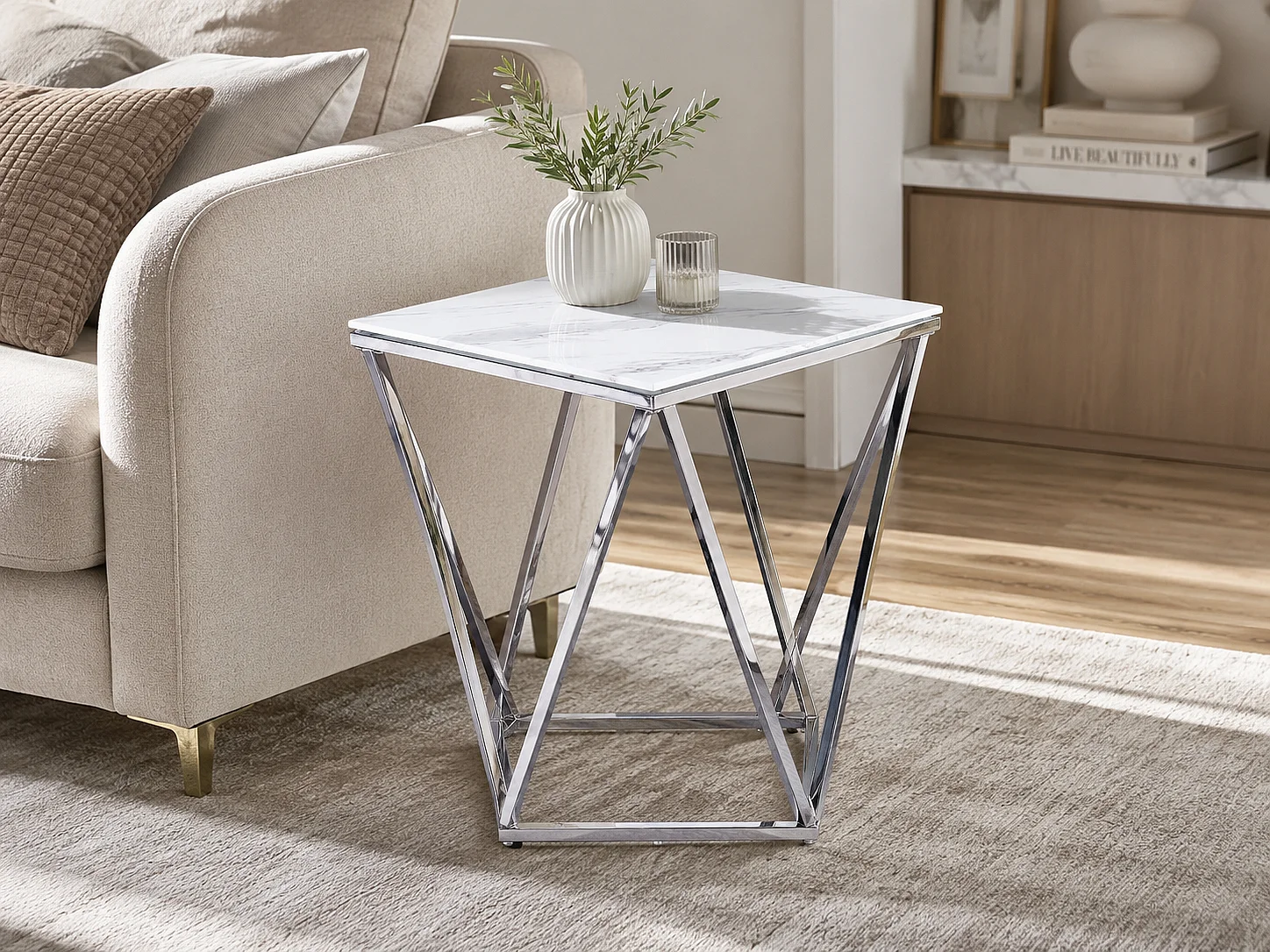 Bout de Canapé ALINA Chrome & Marbre Blanc – 50x50x56 cm