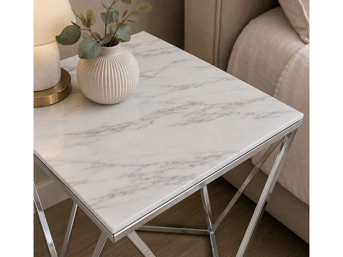 Bout de Canapé ALINA Chrome & Marbre Blanc – 50x50x56 cm