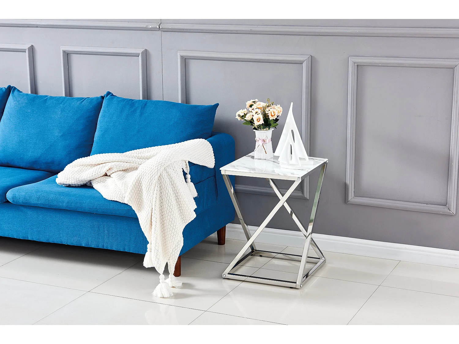 Guéridon BEVERLY – Chrome & Verre marbre blanc– 40x40x55 cm