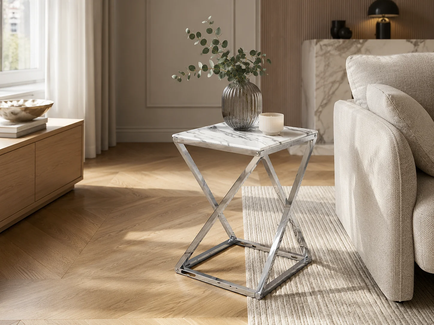 Guéridon BEVERLY – Chrome & Verre marbre blanc– 40x40x55 cm