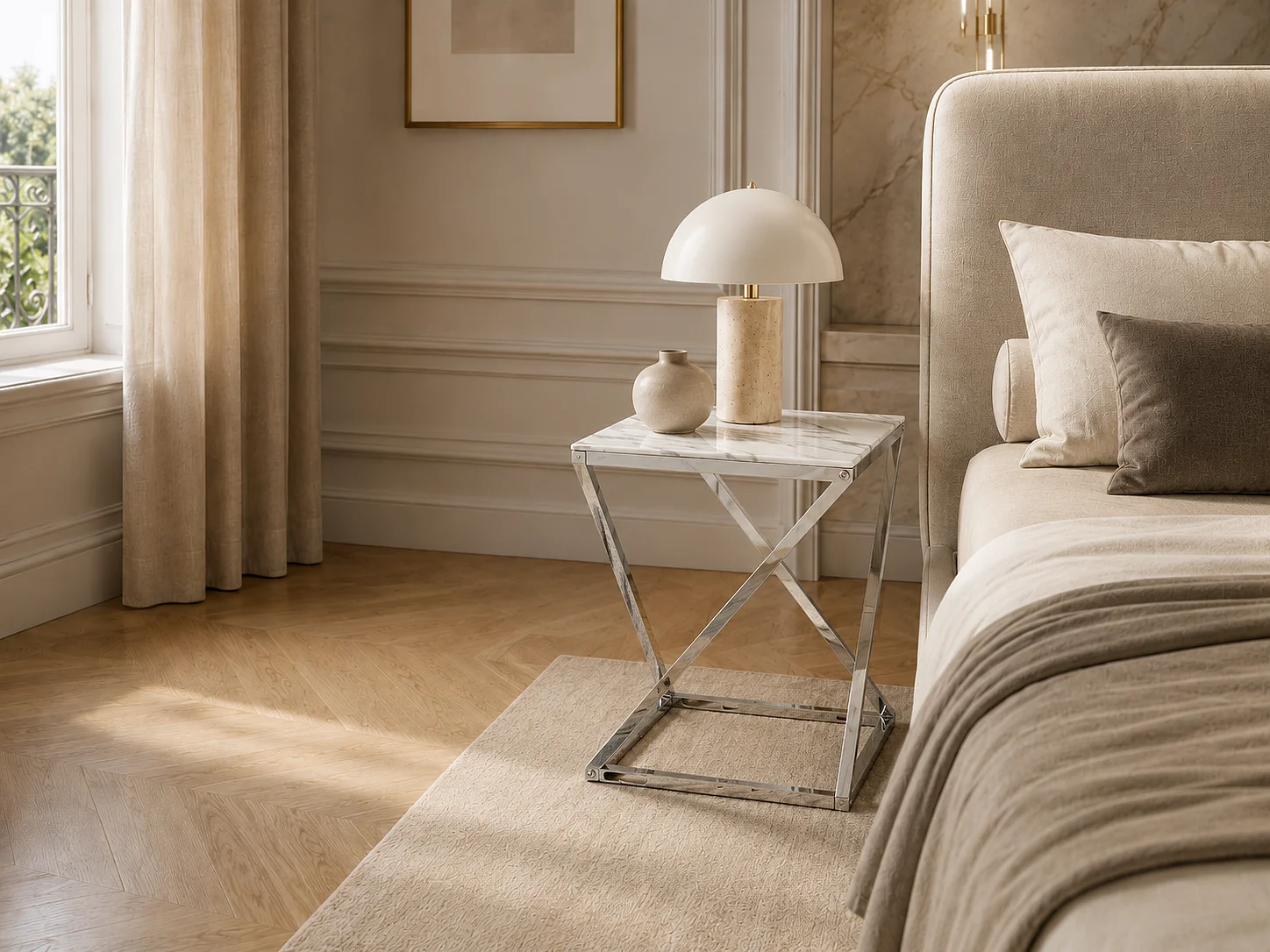Guéridon BEVERLY – Chrome & Verre marbre blanc– 40x40x55 cm