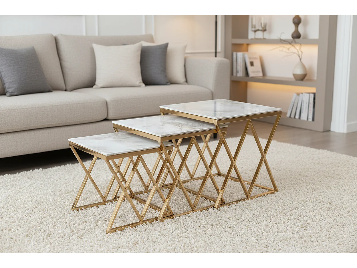 Lot de 3 tables gigognes guéridon marbre blanc métal doré triangles salon POP