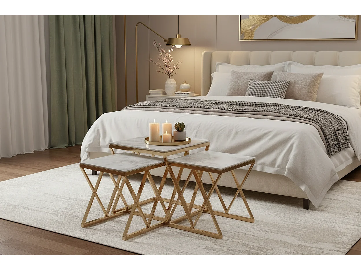 Lot de 3 tables gigognes guéridon marbre blanc métal doré triangles salon POP