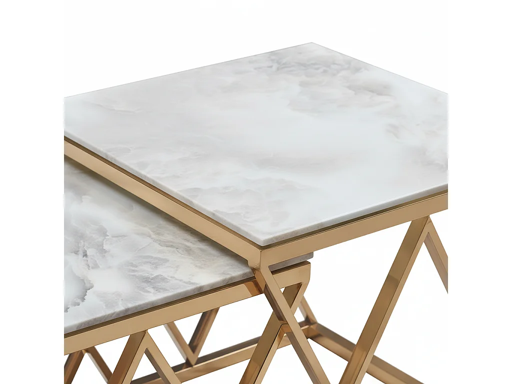 Lot de 3 tables gigognes guéridon marbre blanc métal doré triangles salon POP