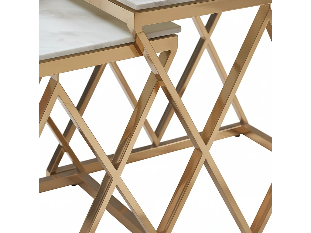 Lot de 3 tables gigognes guéridon marbre blanc métal doré triangles salon POP