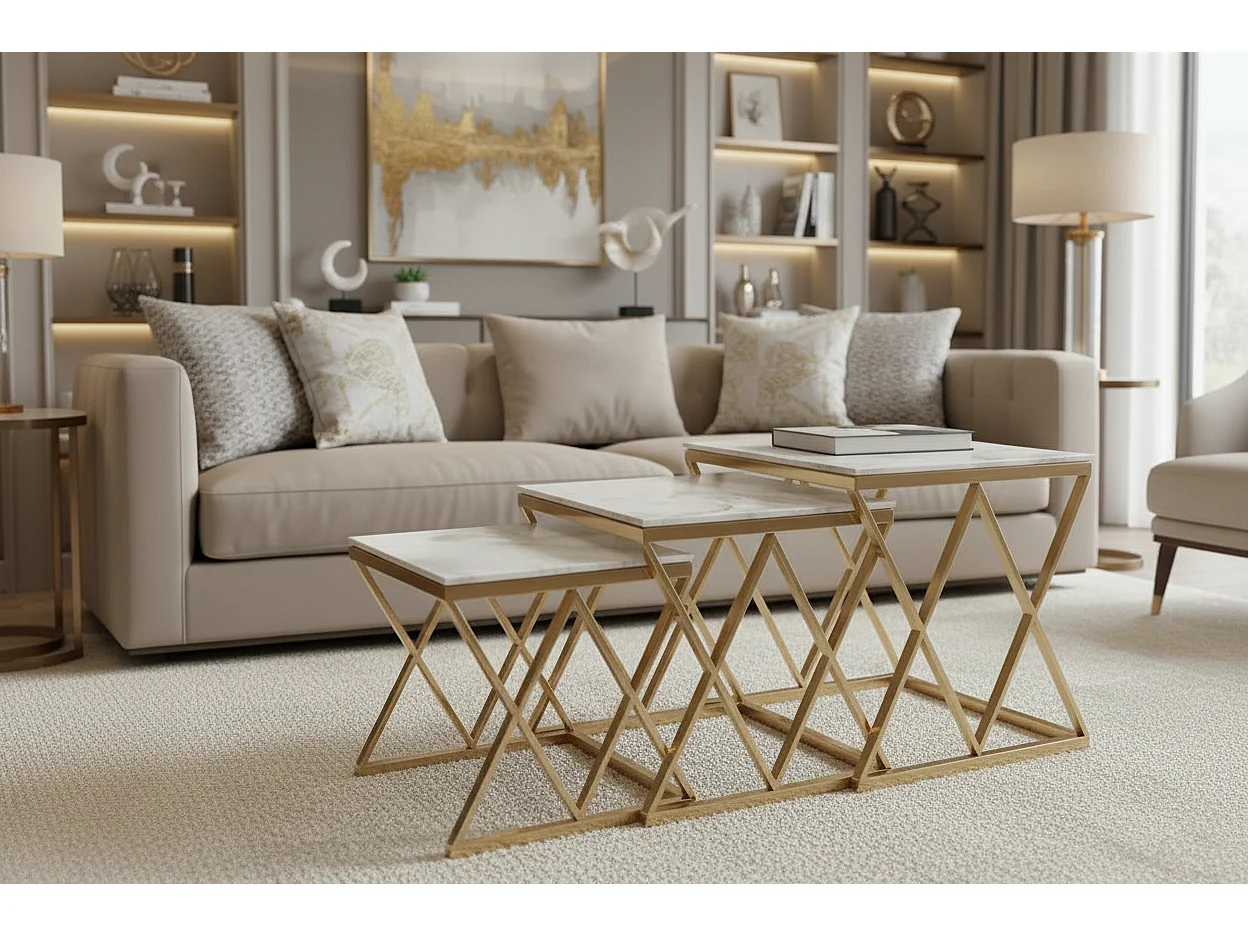 Lot de 3 tables gigognes guéridon marbre blanc métal doré triangles salon POP