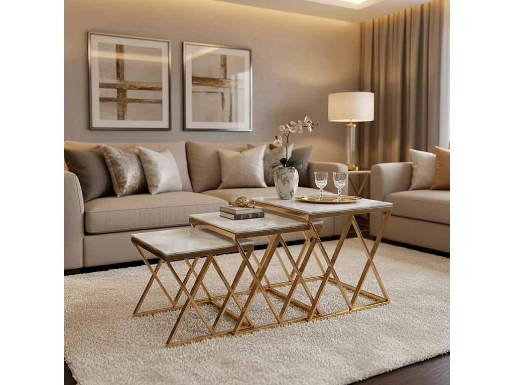 Lot de 3 tables gigognes guéridon marbre blanc métal doré triangles salon POP