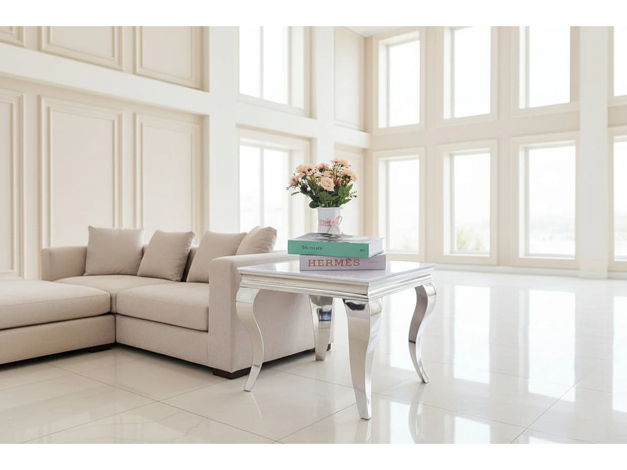 Guéridon BAROQUE – Chrome & Blanc – 55x55x55 cm