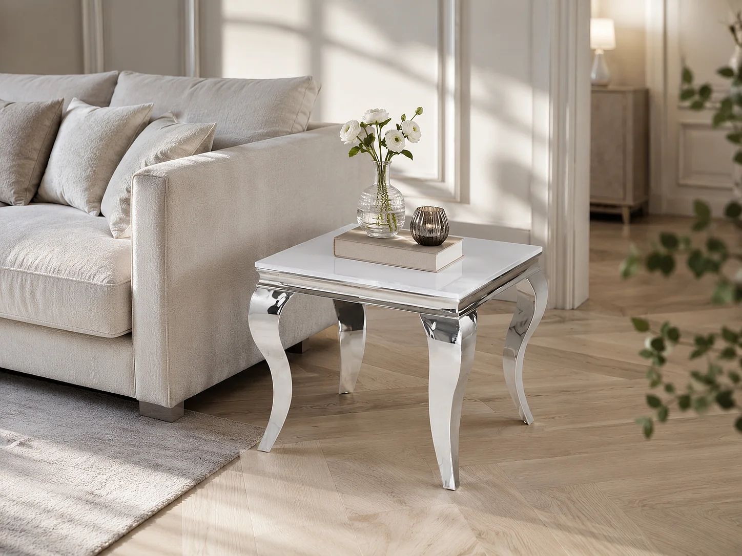 Guéridon BAROQUE – Chrome & Blanc – 55x55x55 cm