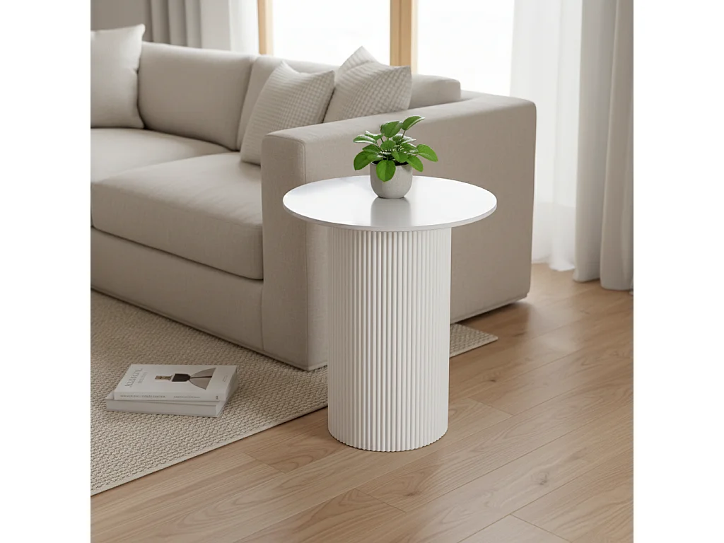 Guéridon bout de canapé rond marbre blanc pied beige