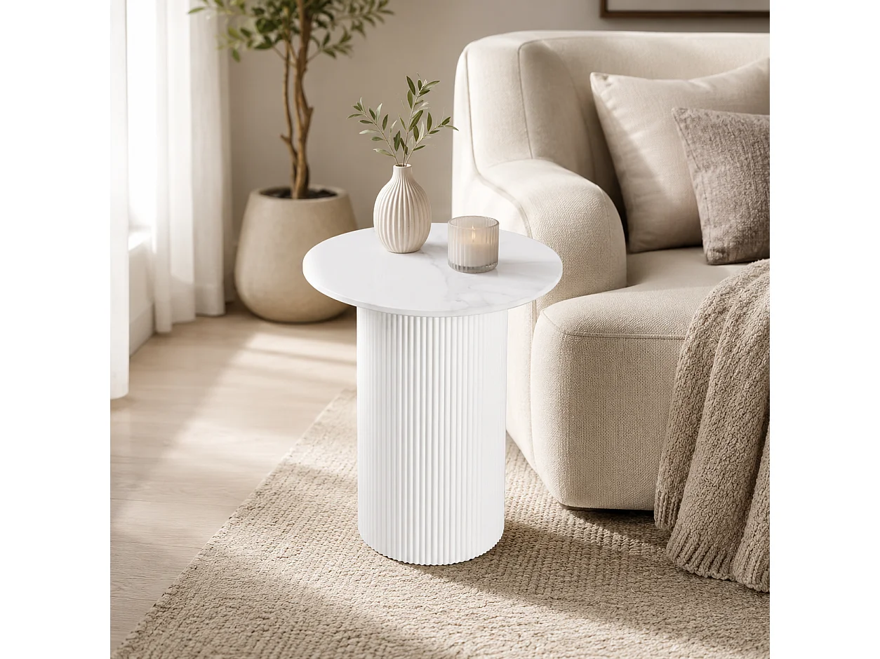 Guéridon bout de canapé rond marbre blanc pied beige
