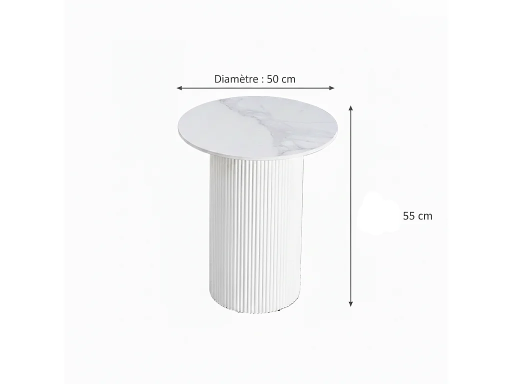 Guéridon bout de canapé rond marbre blanc pied beige