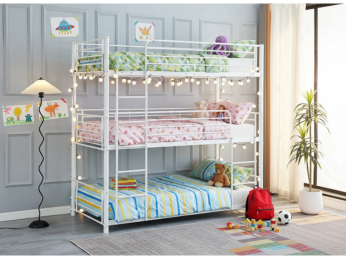 Pack Lit superposé en métal blanc 3 couchages 90x190 avec matelas TRIPLE