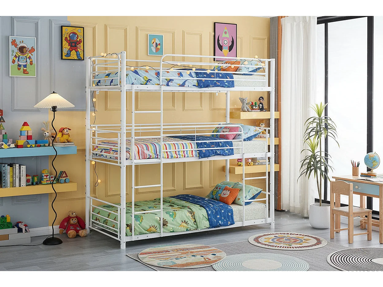 Pack Lit superposé en métal blanc 3 couchages 90x190 avec matelas TRIPLE