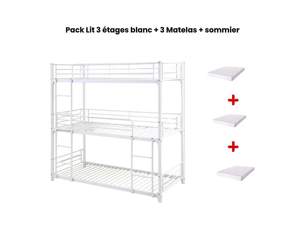 Pack Lit superposé en métal blanc 3 couchages 90x190 avec matelas TRIPLE