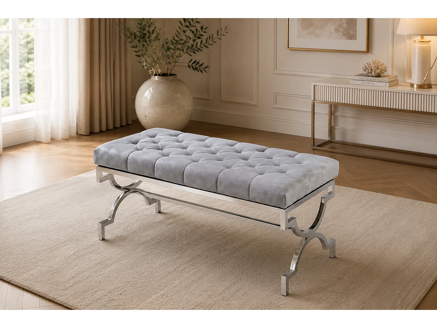 Banquette CROSS Capitonnée Chrome Velours Gris
