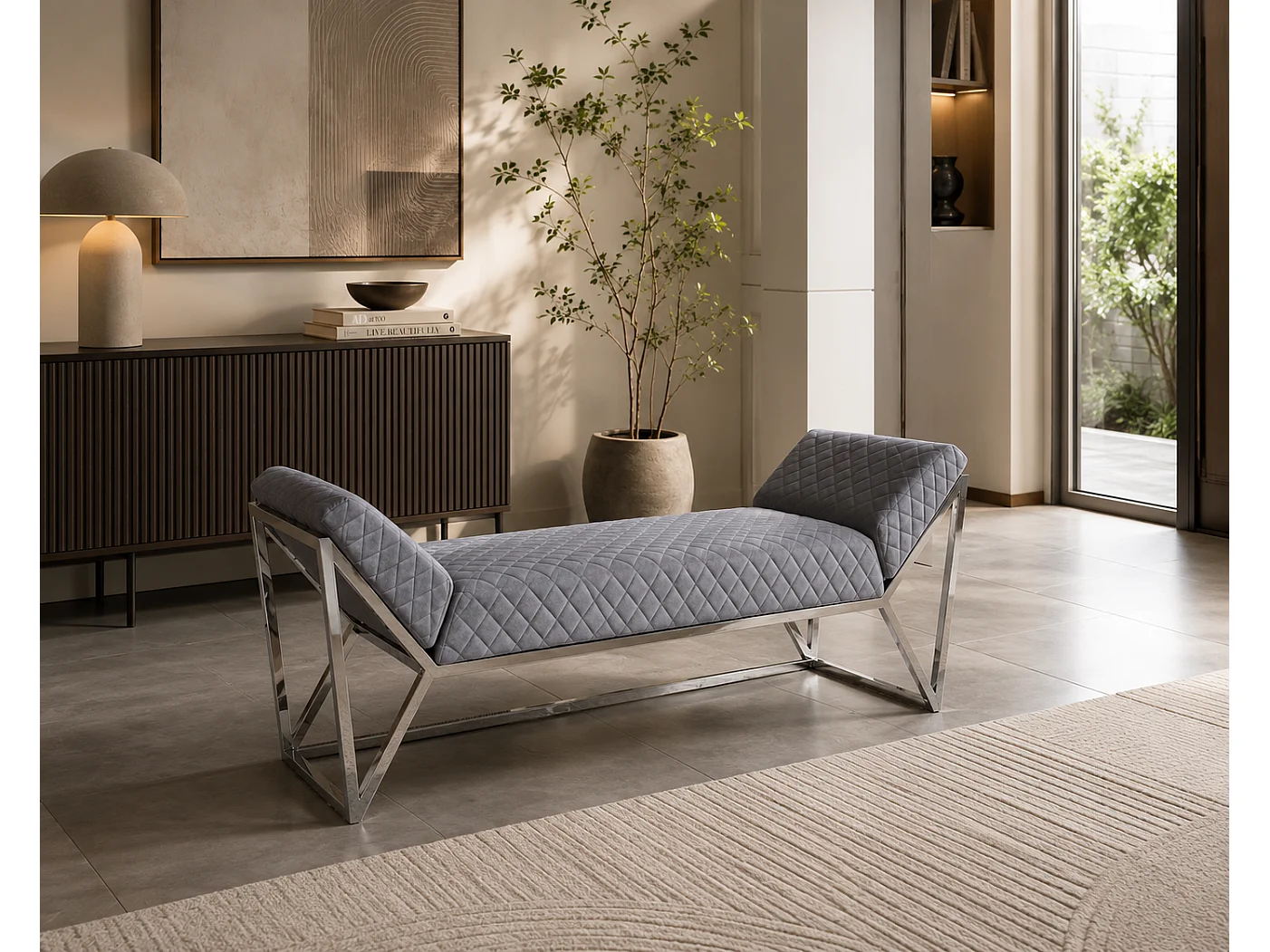 Banquette LOUNGE XXL Chrome en velours Gris