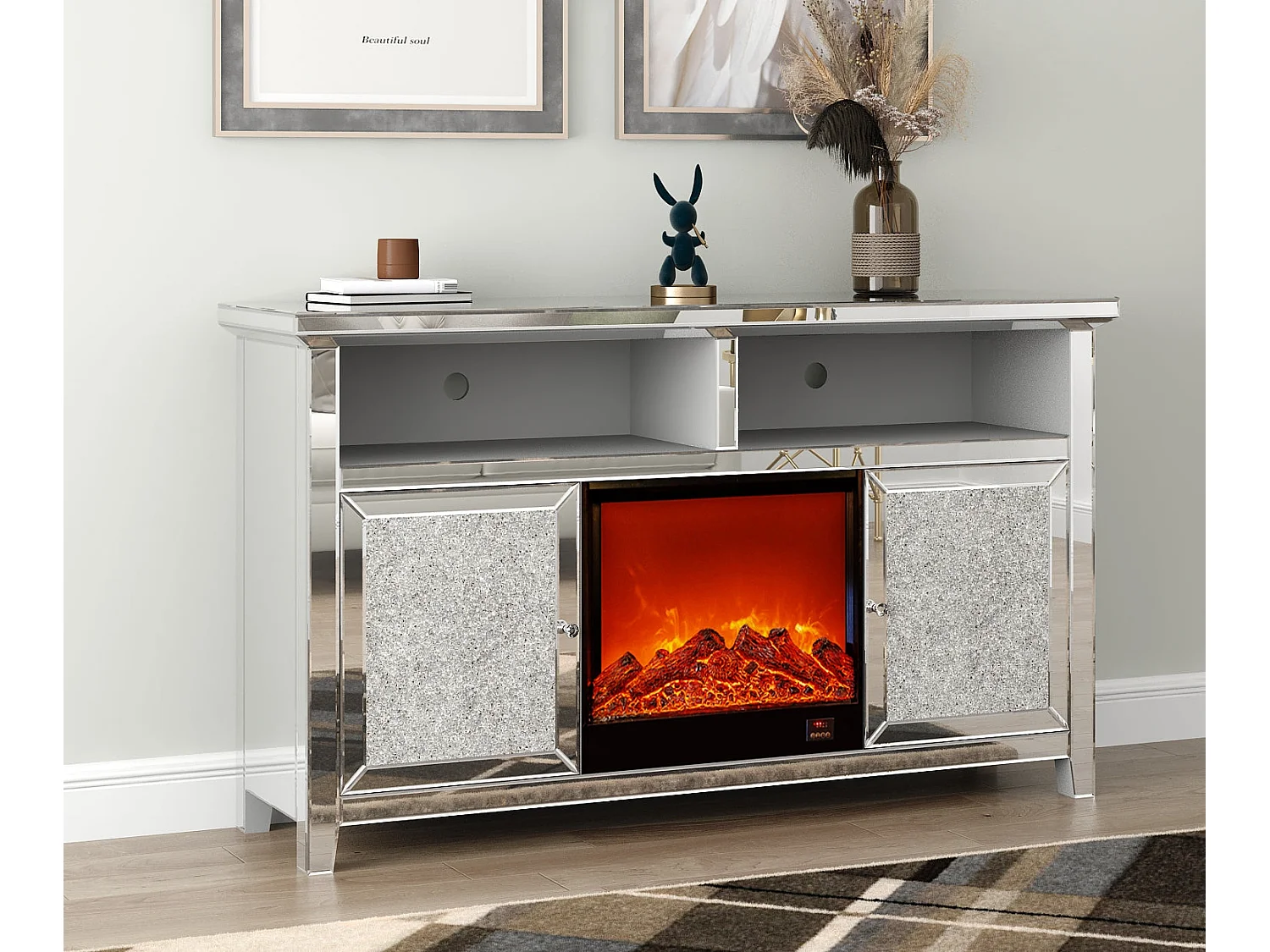 Meuble TV avec Cheminée ÉTINCELLE – 146x40x85 cm – Effet Miroir Chic