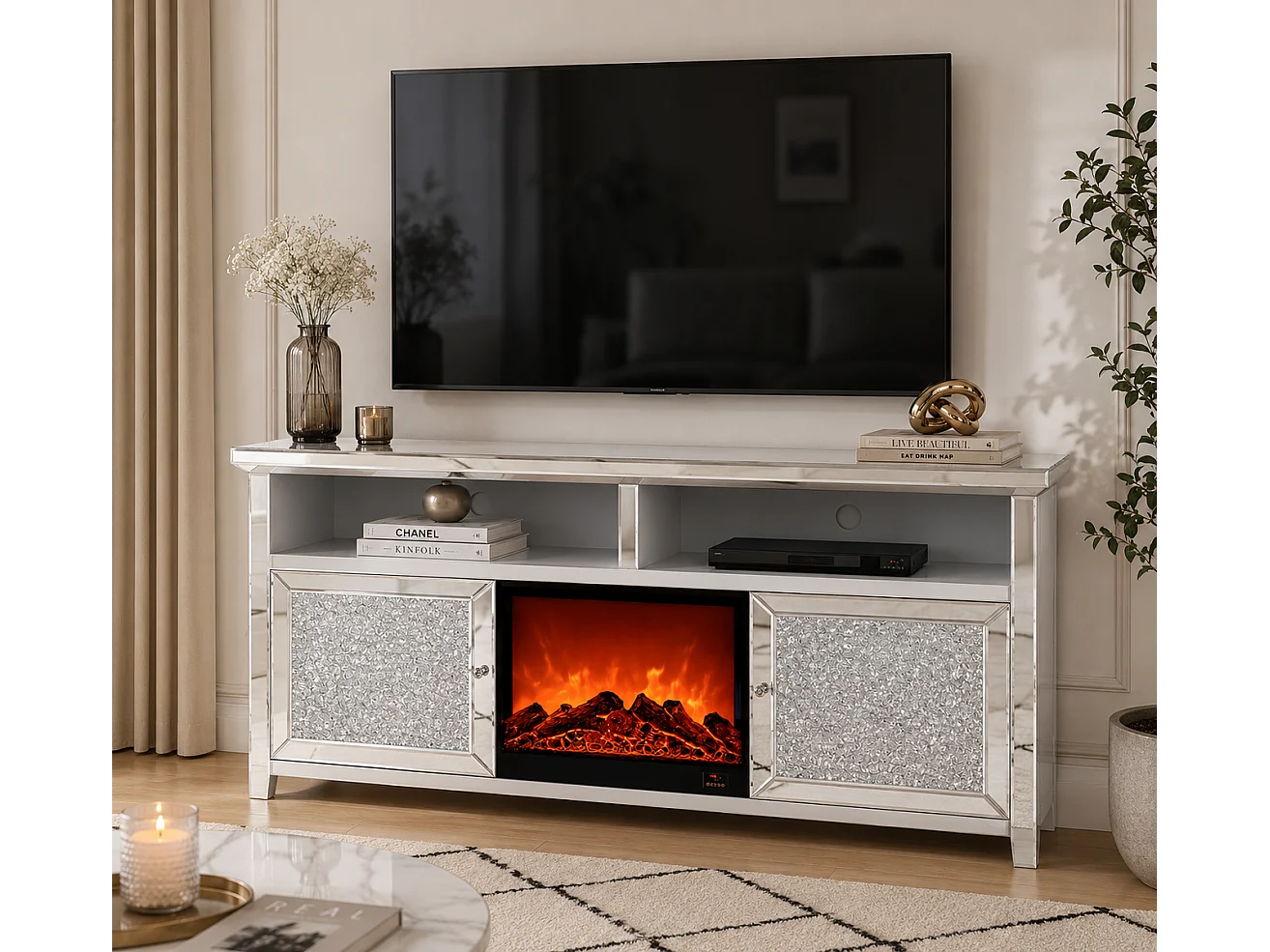 Meuble TV avec Cheminée ÉTINCELLE – 146x40x85 cm – Effet Miroir Chic