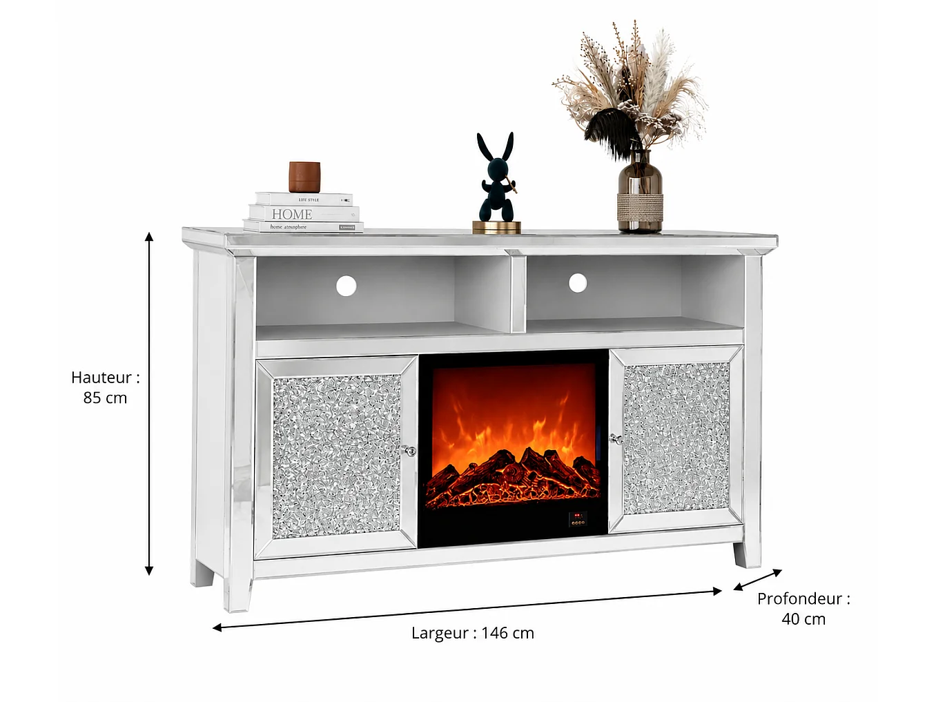 Meuble TV avec Cheminée ÉTINCELLE – 146x40x85 cm – Effet Miroir Chic