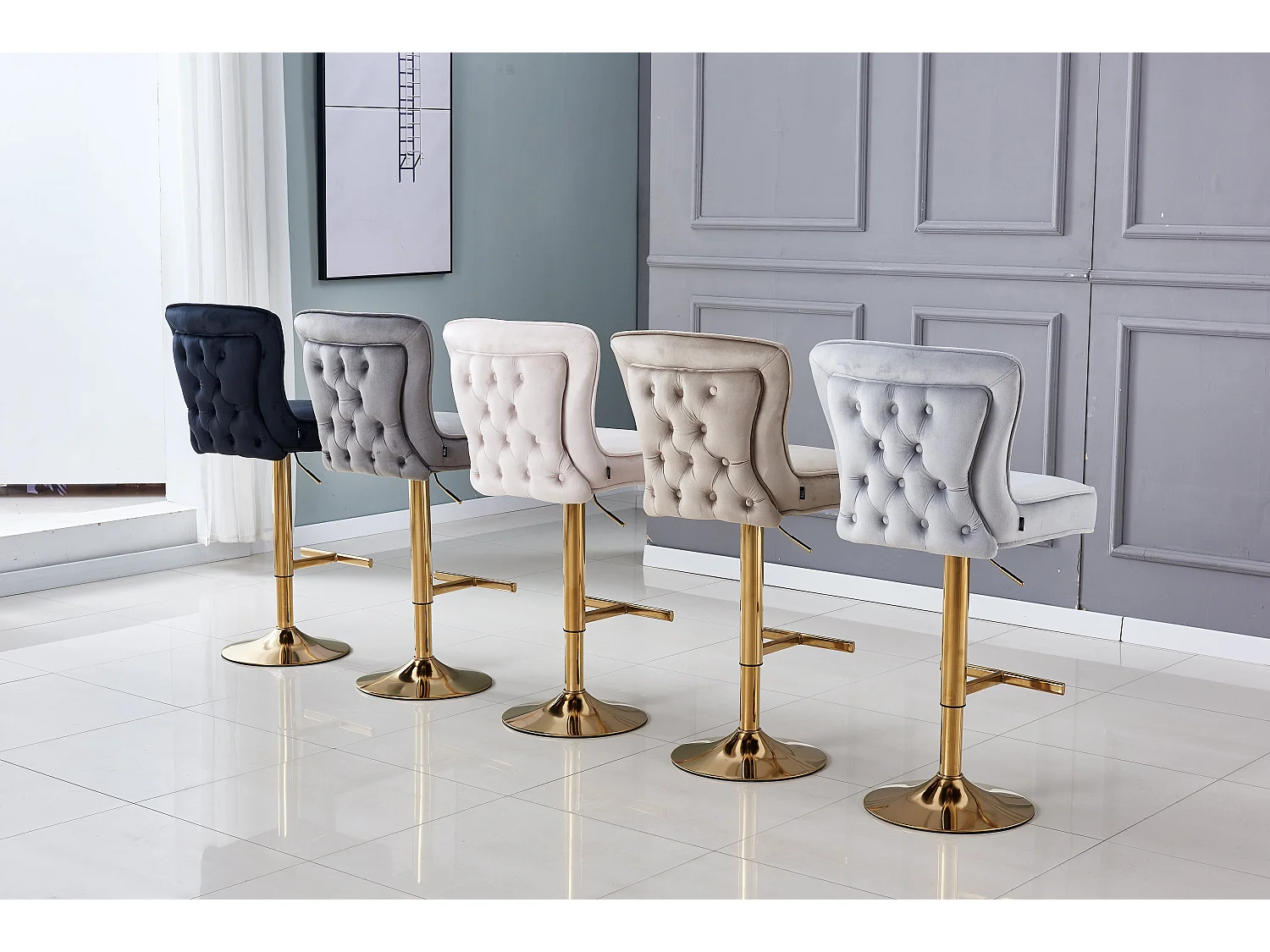 Lot 2 Tabourets de Bar Gabrielle Velours Moka Pieds Gold Hauteur Assise 65cm