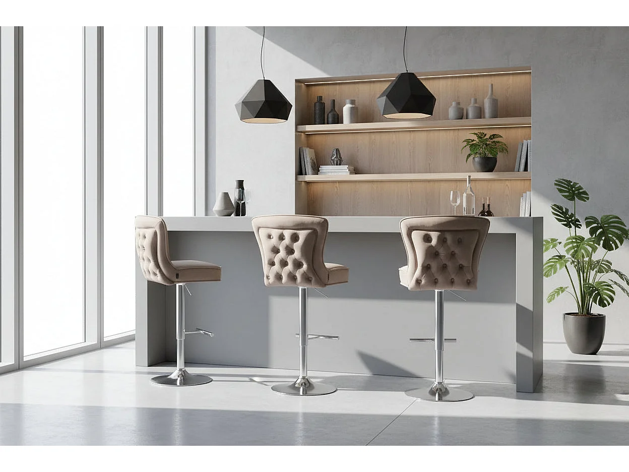 Lot 2 Tabourets de Bar Gabrielle Velours Taupe Pieds Chrome Hauteur Assise 65cm