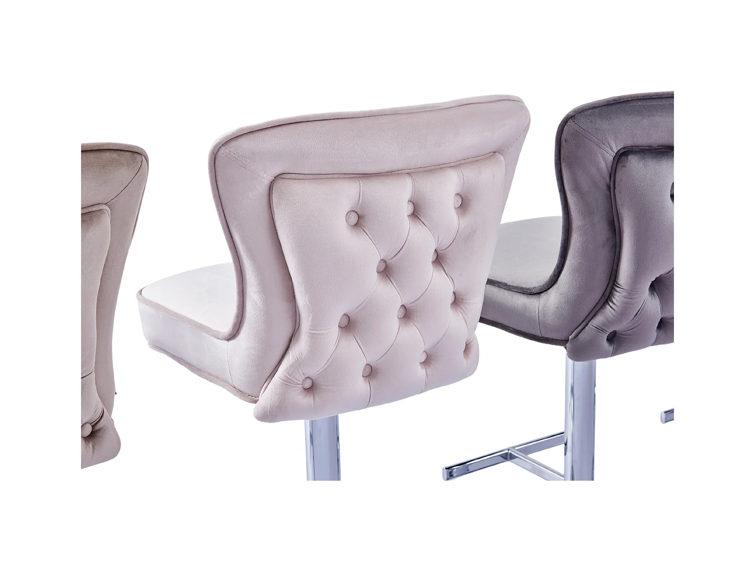 Lot 2 Tabourets de Bar Gabrielle Velours Taupe Pieds Chrome Hauteur Assise 65cm