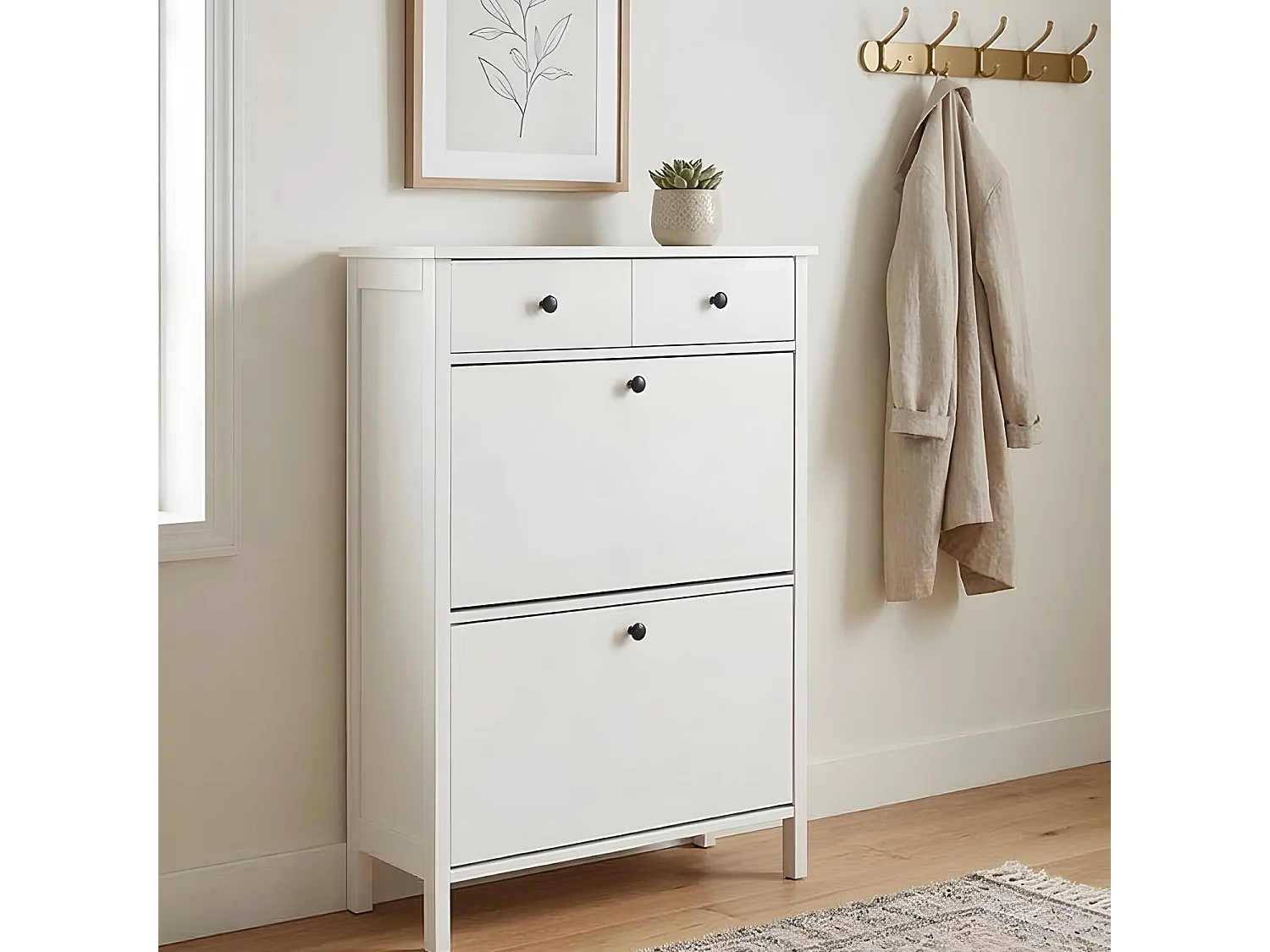 Noa & Nani Kira White Shoe Storage Cabinet - Slim Wooden Shoe Rack for Hallway & Entryway - Space-Saving Organiser Unit