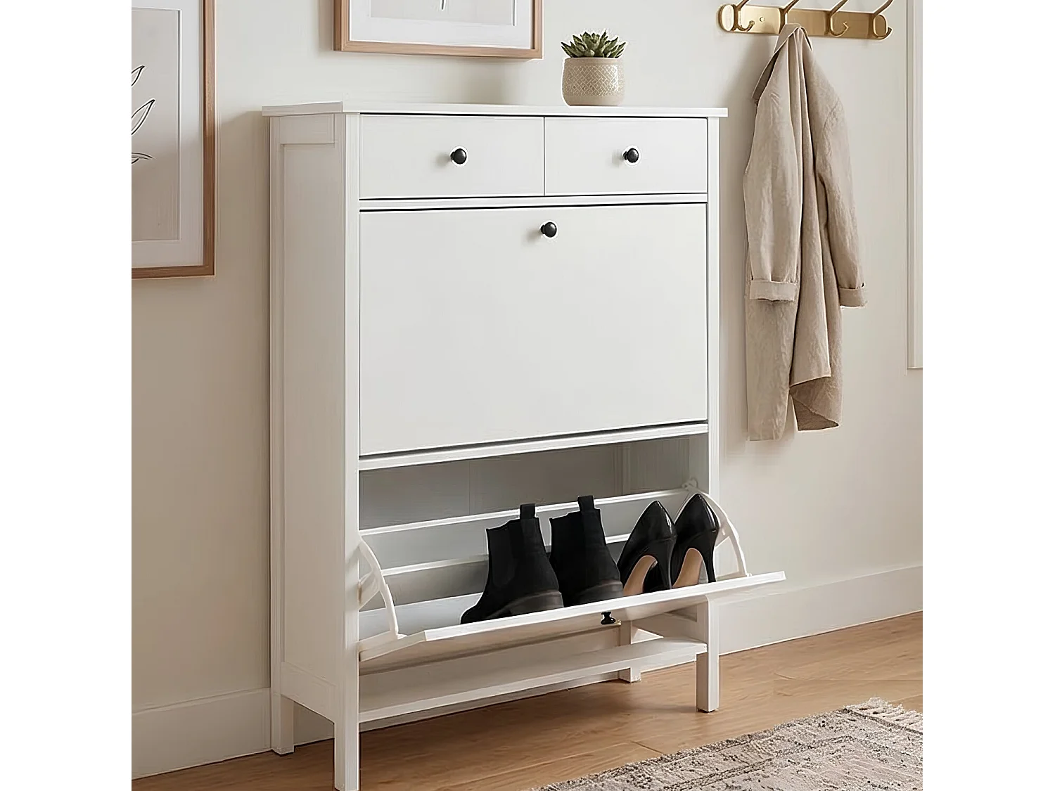 Noa & Nani Kira White Shoe Storage Cabinet - Slim Wooden Shoe Rack for Hallway & Entryway - Space-Saving Organiser Unit