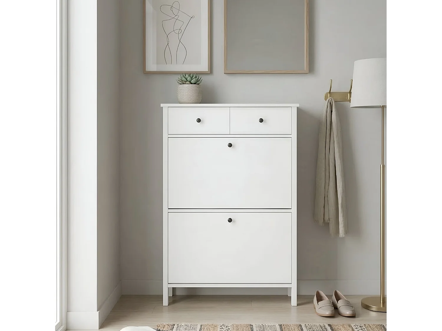 Noa & Nani Kira White Shoe Storage Cabinet - Slim Wooden Shoe Rack for Hallway & Entryway - Space-Saving Organiser Unit