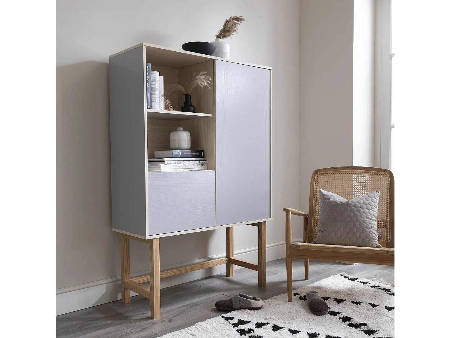 Noa & Nani Lundby Sideboard Cabinet, Scandinavian Style Living Room Cupboard with Shelves and 2 Doors, Natural Wood & Slate Grey Minimalist Hallway Storage Unit