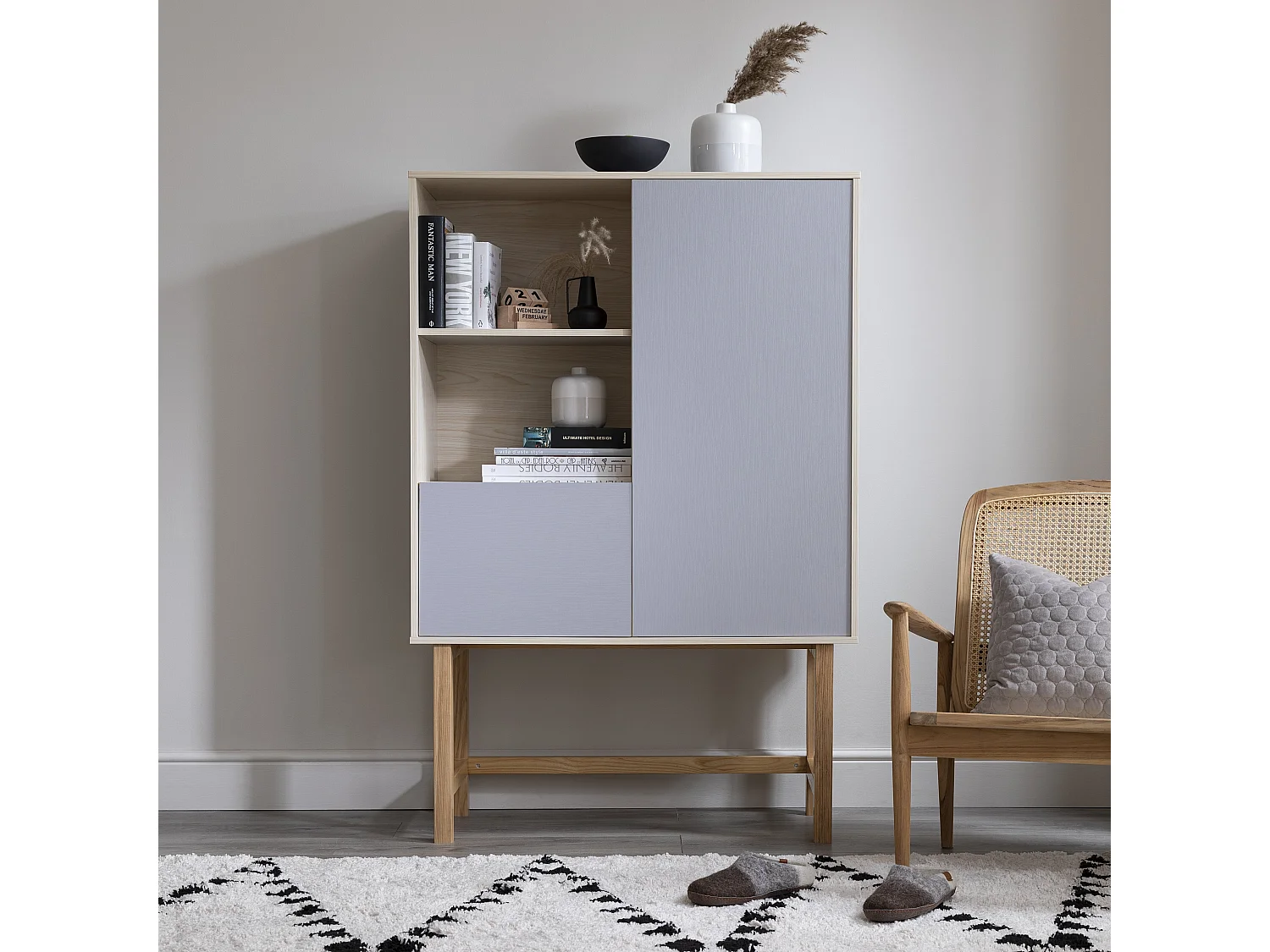 Noa & Nani Lundby Sideboard Cabinet, Scandinavian Style Living Room Cupboard with Shelves and 2 Doors, Natural Wood & Slate Grey Minimalist Hallway Storage Unit