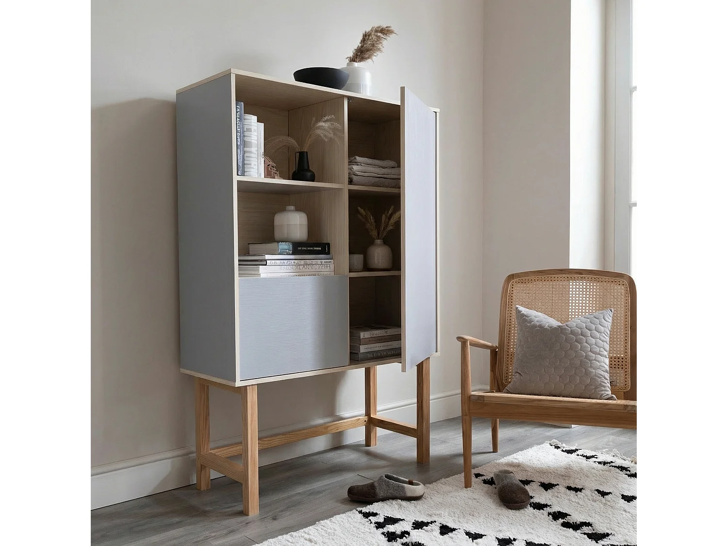 Noa & Nani Lundby Sideboard Cabinet, Scandinavian Style Living Room Cupboard with Shelves and 2 Doors, Natural Wood & Slate Grey Minimalist Hallway Storage Unit