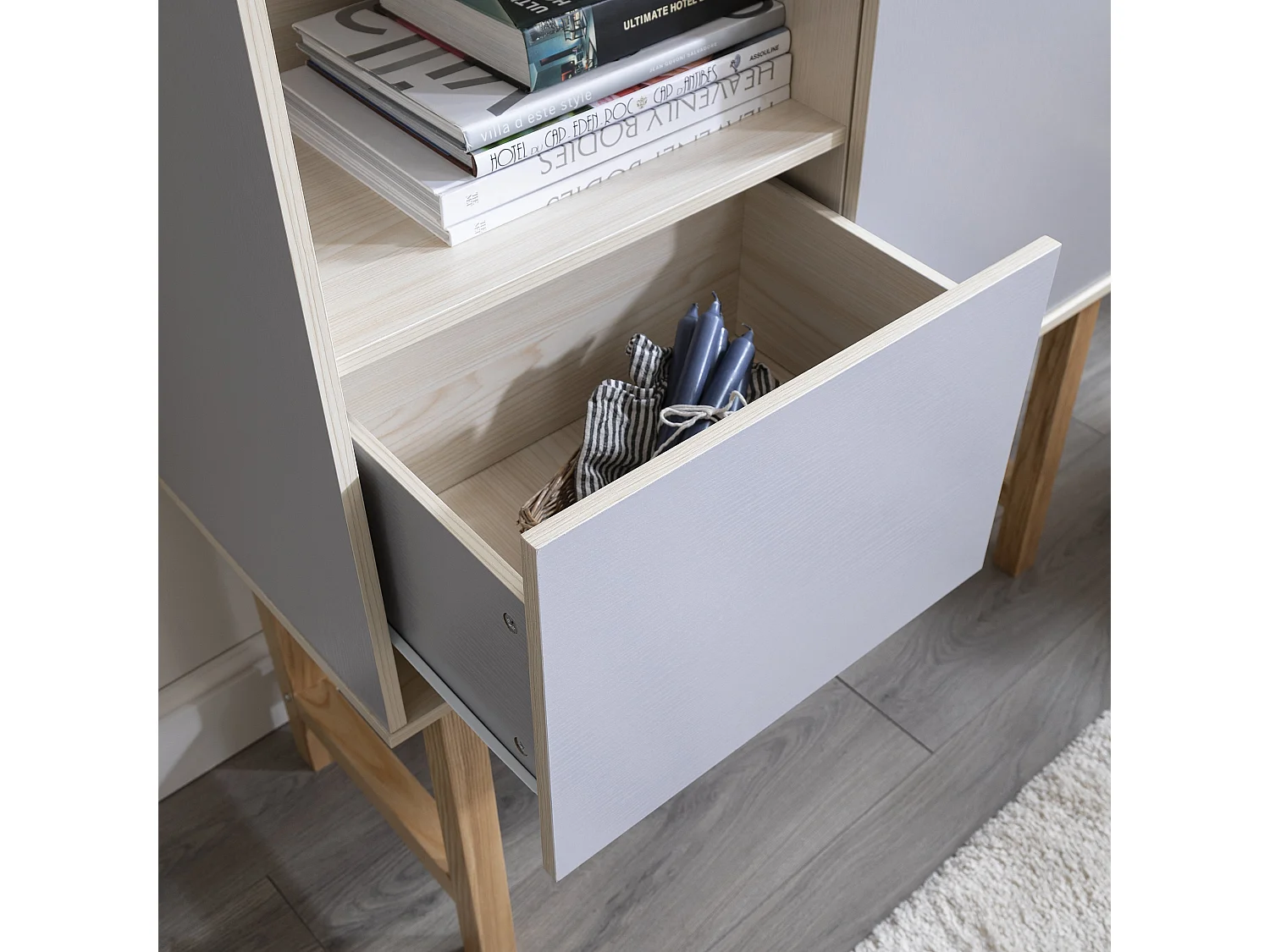 Noa & Nani Lundby Sideboard Cabinet, Scandinavian Style Living Room Cupboard with Shelves and 2 Doors, Natural Wood & Slate Grey Minimalist Hallway Storage Unit