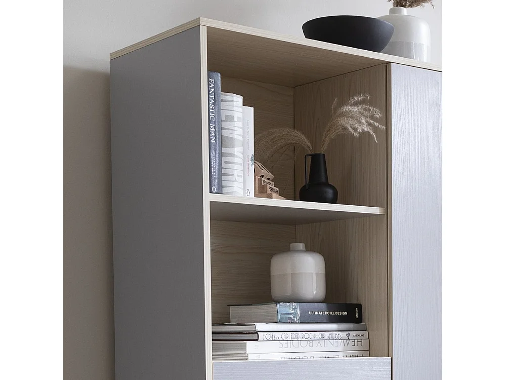 Noa & Nani Lundby Sideboard Cabinet, Scandinavian Style Living Room Cupboard with Shelves and 2 Doors, Natural Wood & Slate Grey Minimalist Hallway Storage Unit