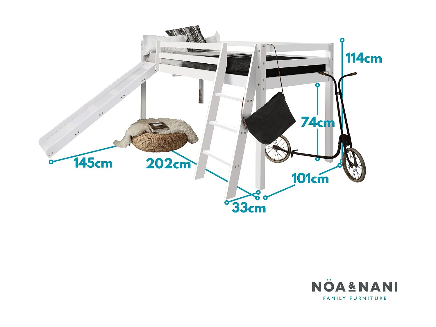 Noa & Nani Moro Cabin Bed Midsleeper with Slide in White
