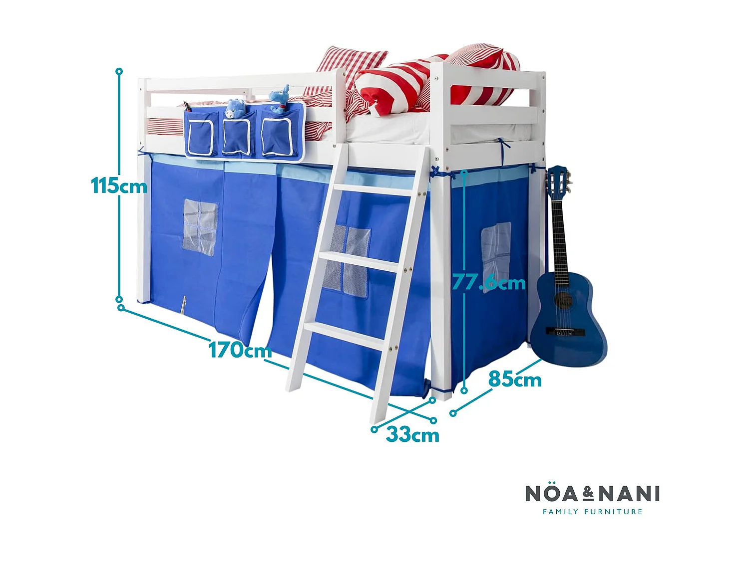 Noa & Nani Ontario Cabin Bed Midsleeper Shorty with Blue Tent in White