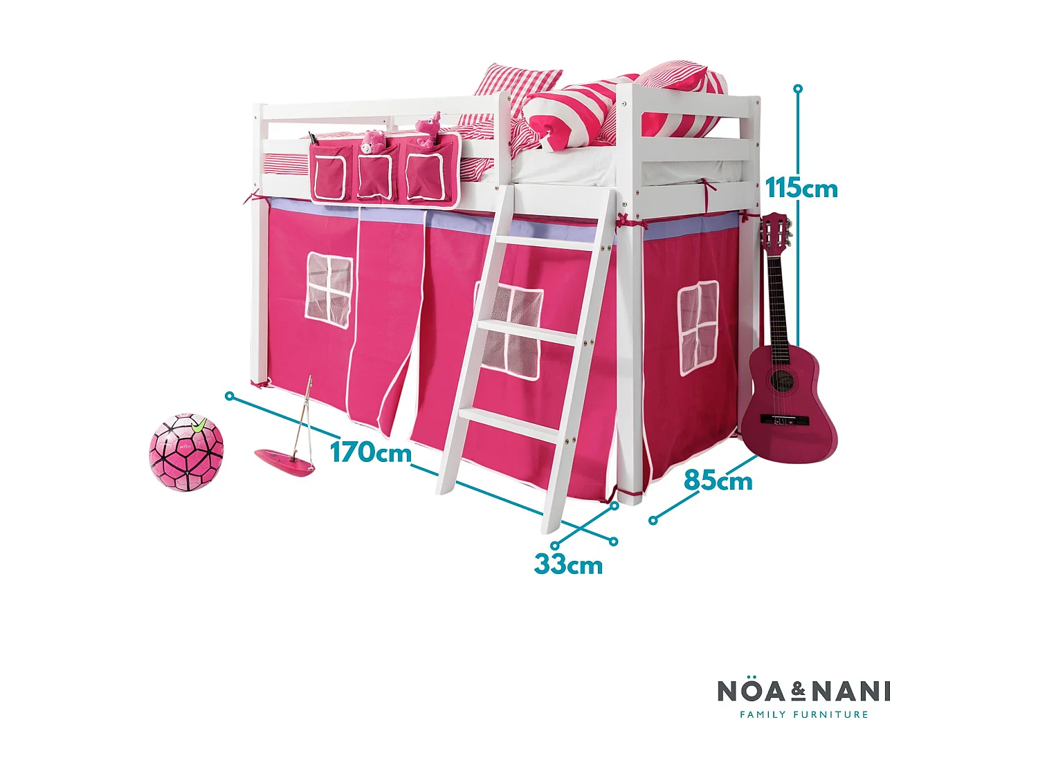 Noa & Nani Ontario Cabin Bed Midsleeper Shorty with Pink Tent in White