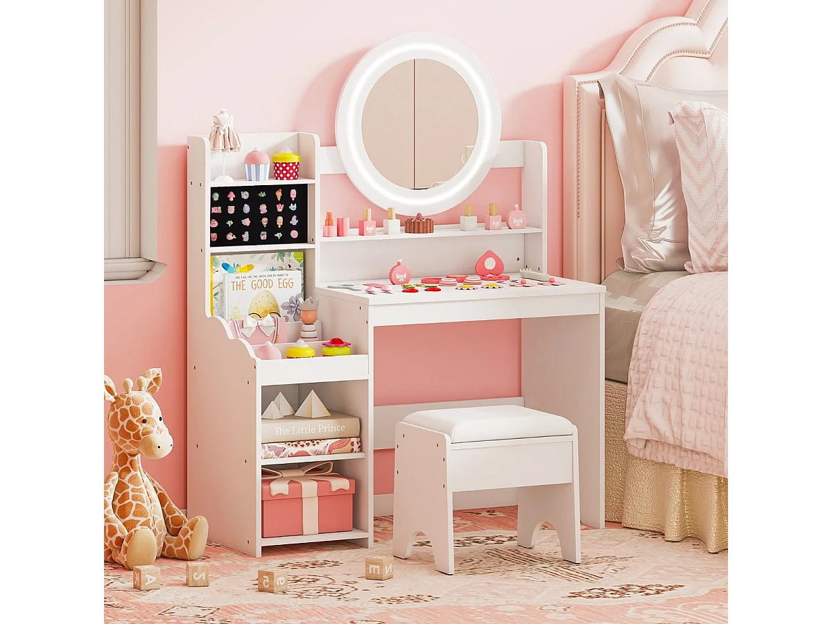 Kinder Schminktisch mit Spiegel & Licht Prinzessin Spieltisch mit Regal Ringschlitzen & gepolstertem Hocker Weiß