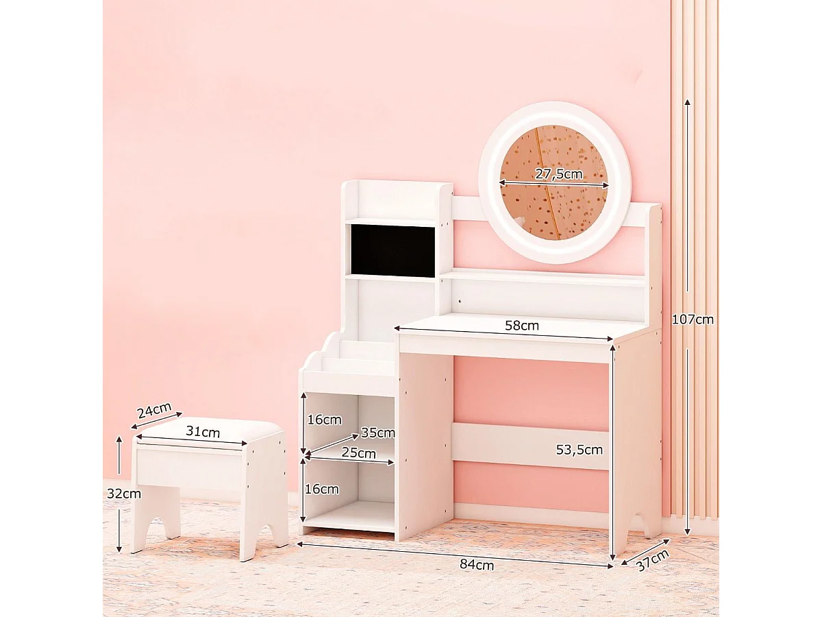 Kinder Schminktisch mit Spiegel & Licht Prinzessin Spieltisch mit Regal Ringschlitzen & gepolstertem Hocker Weiß