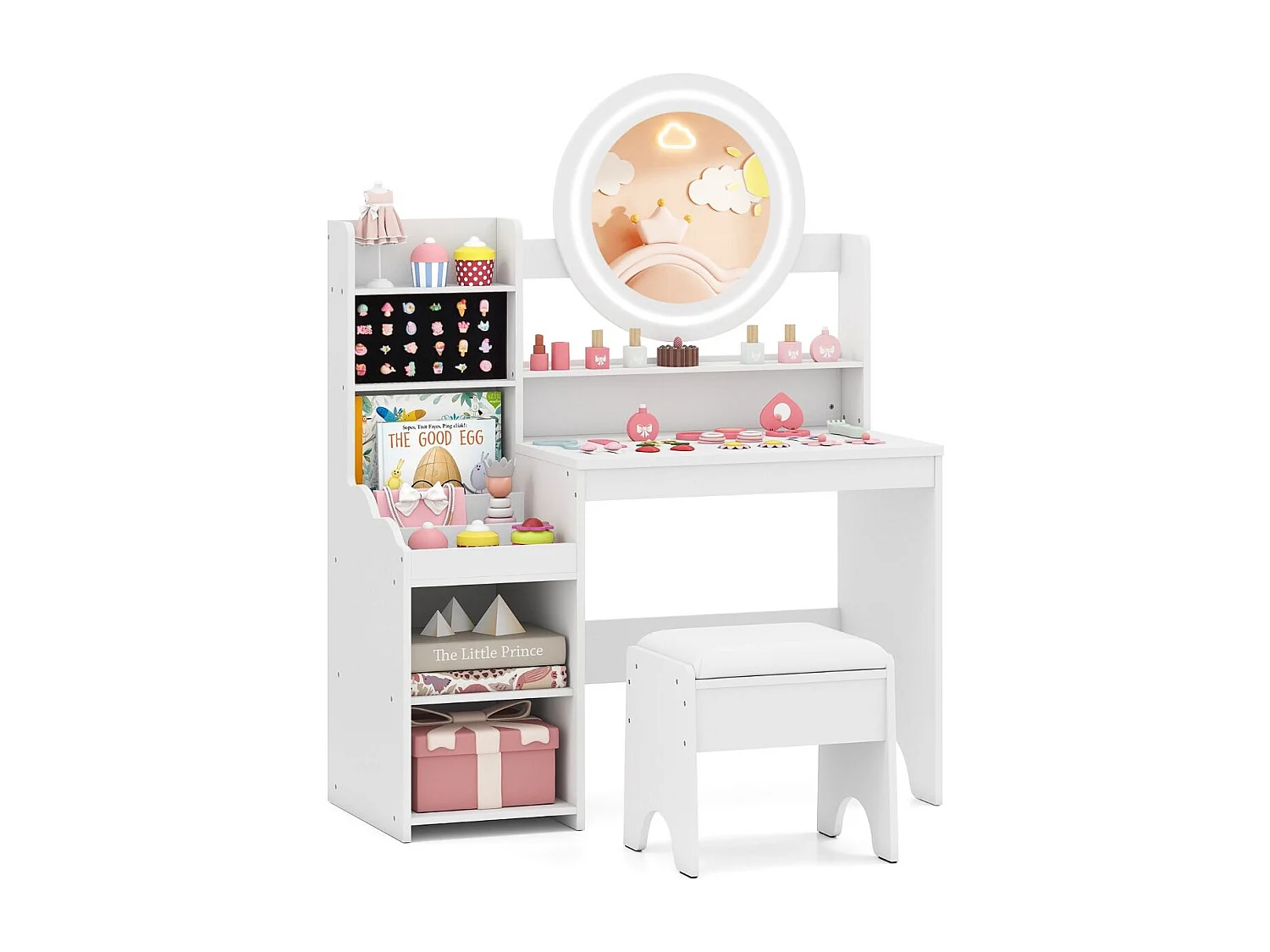 Kinder Schminktisch mit Spiegel & Licht Prinzessin Spieltisch mit Regal Ringschlitzen & gepolstertem Hocker Weiß