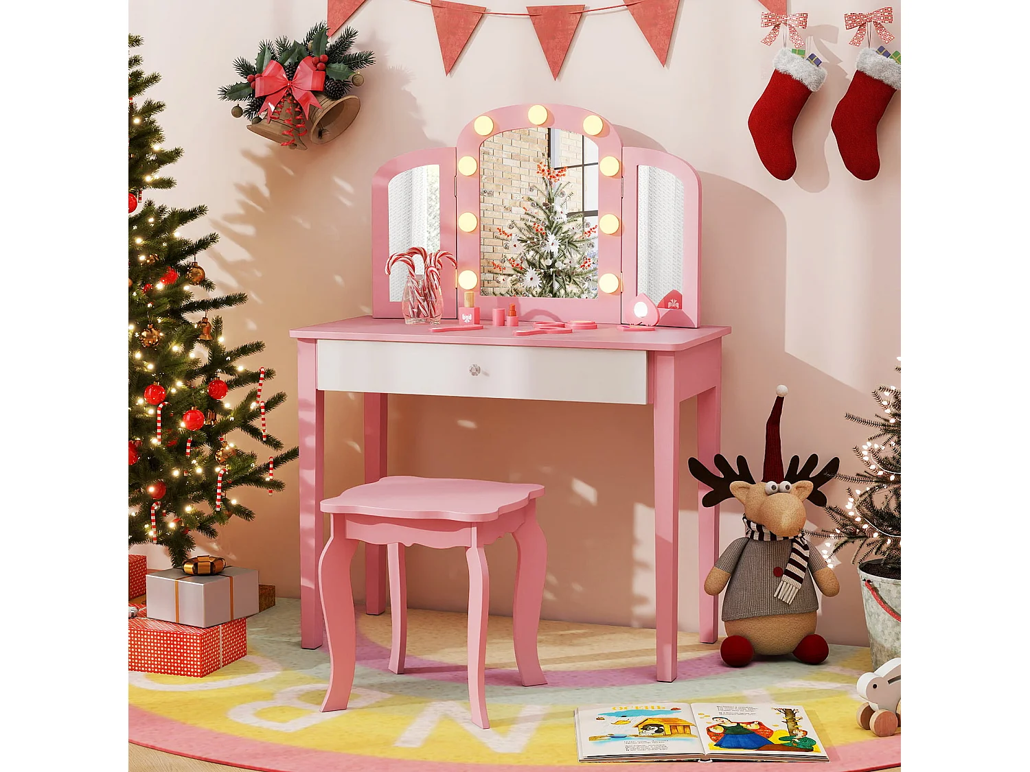 2 in 1 Kinder Schminktisch Set mit Abnehmbarem Spiegel & 3 Lichtfarben Makeup-Tisch Rosa