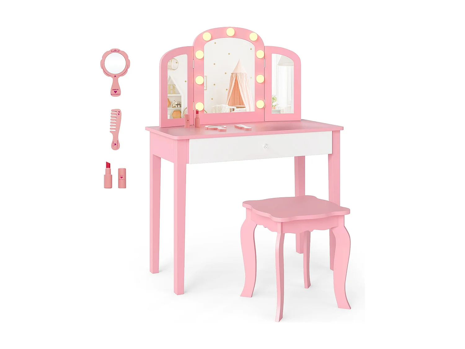 2 in 1 Kinder Schminktisch Set mit Abnehmbarem Spiegel & 3 Lichtfarben Makeup-Tisch Rosa