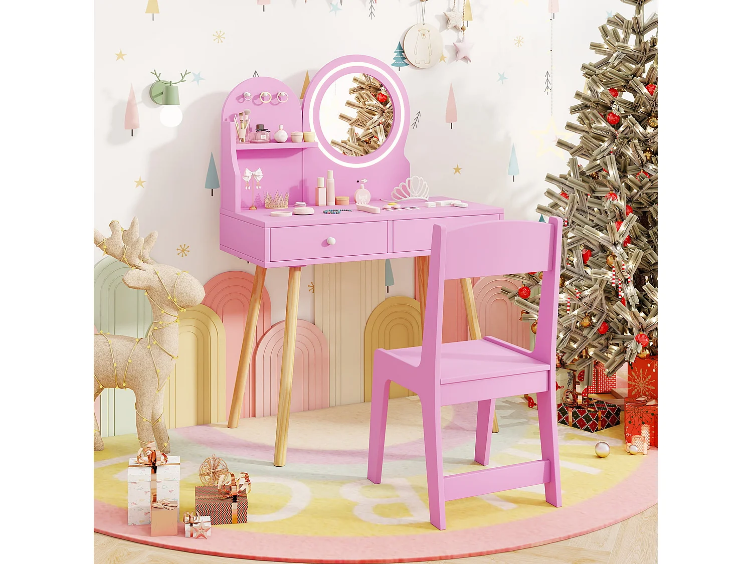 Schminktisch-Set für Kinder mit beleuchtetem Spiegel Kosmetiktisch und Stuhl-Set mit Prinzessinnen-Motiv Rosa