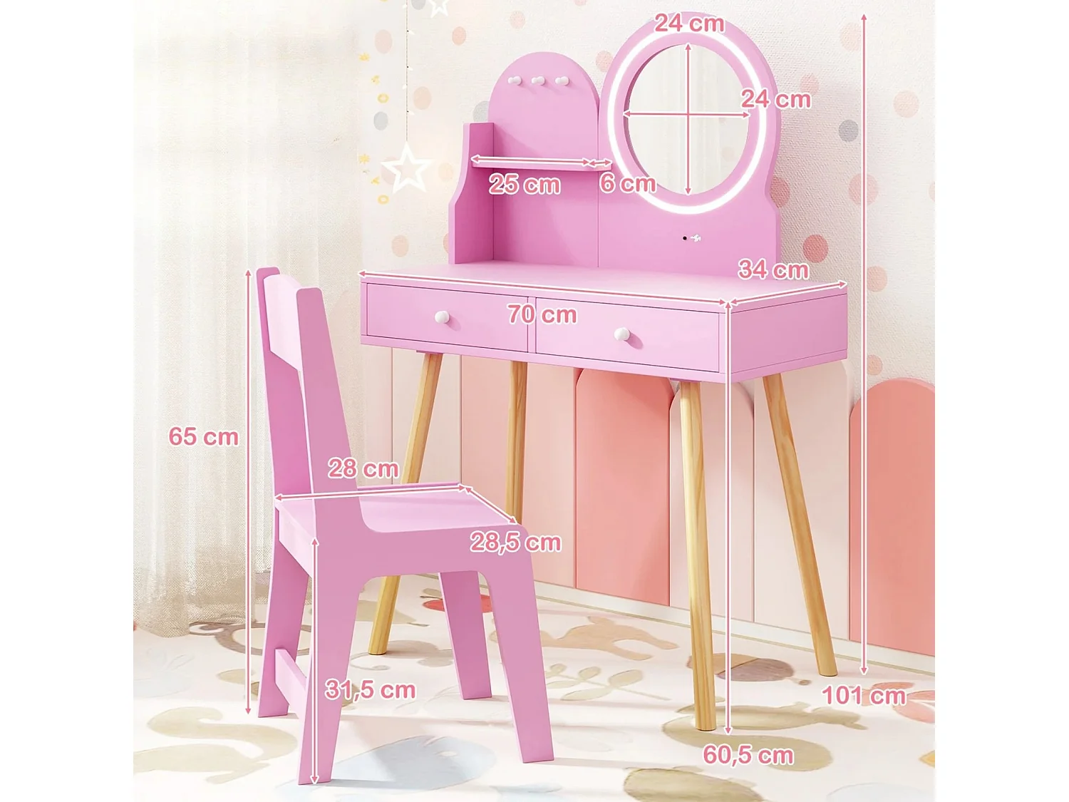 Schminktisch-Set für Kinder mit beleuchtetem Spiegel Kosmetiktisch und Stuhl-Set mit Prinzessinnen-Motiv Rosa