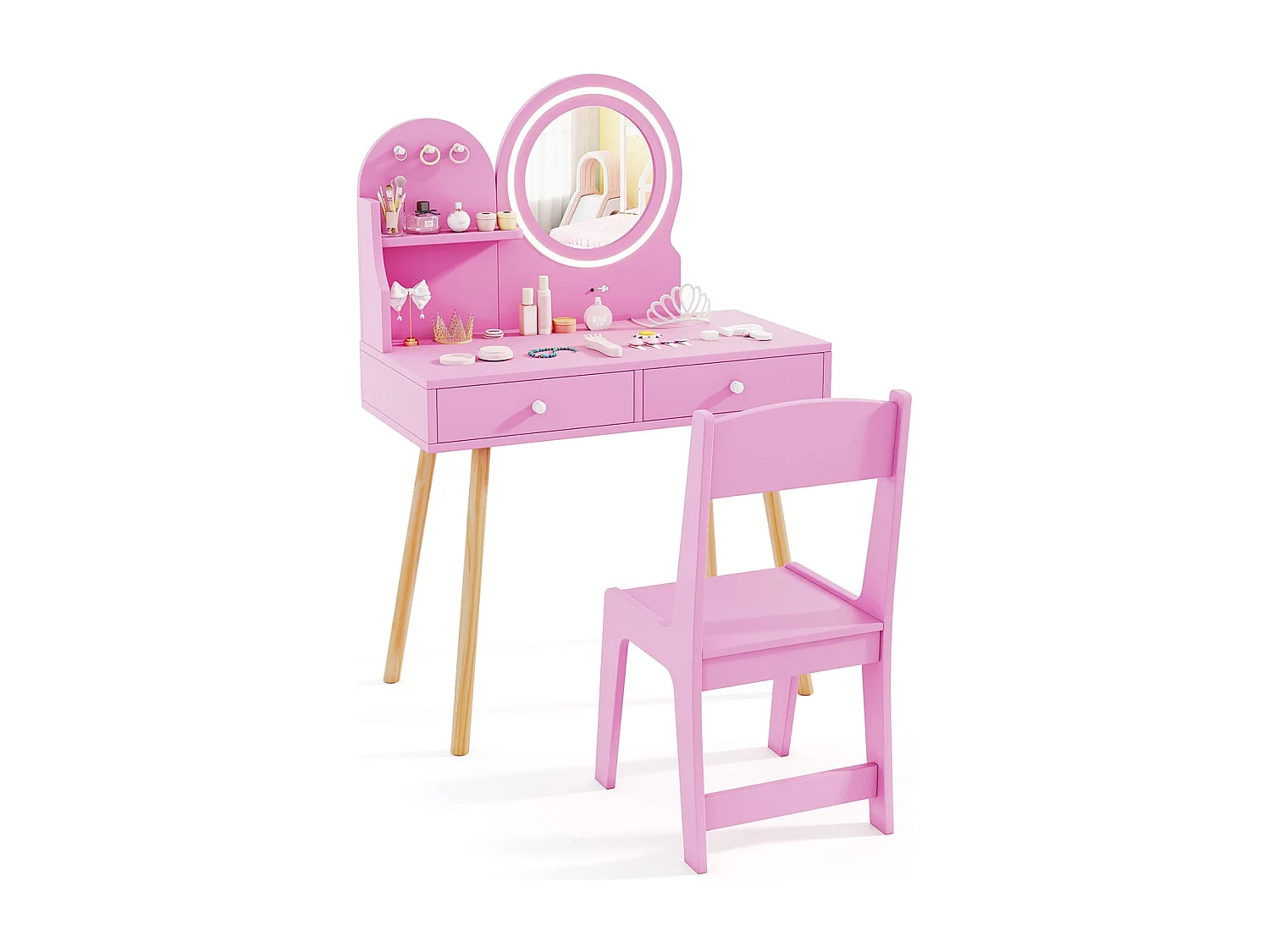 Schminktisch-Set für Kinder mit beleuchtetem Spiegel Kosmetiktisch und Stuhl-Set mit Prinzessinnen-Motiv Rosa