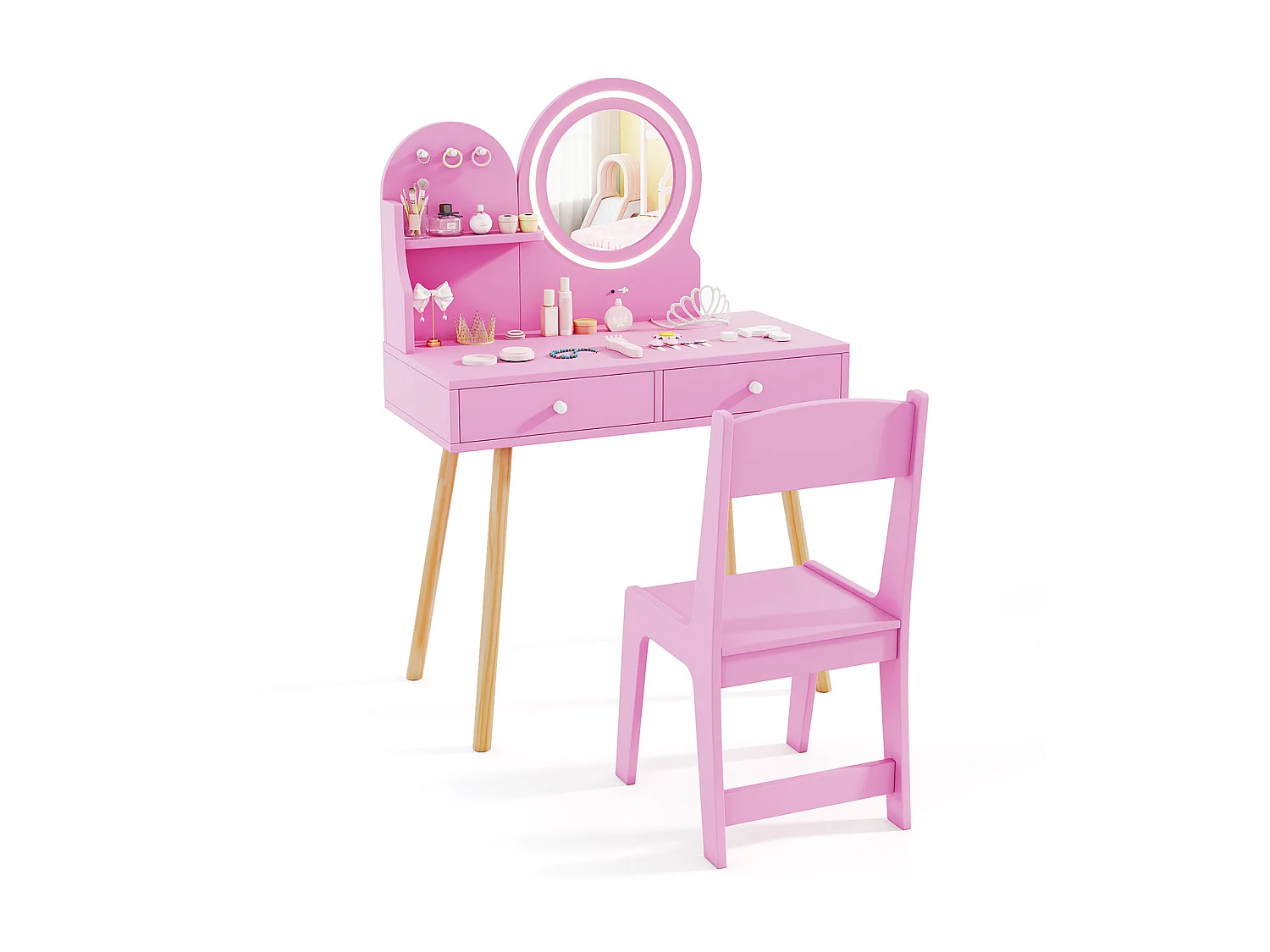 Schminktisch-Set für Kinder mit beleuchtetem Spiegel Kosmetiktisch und Stuhl-Set mit Prinzessinnen-Motiv Rosa